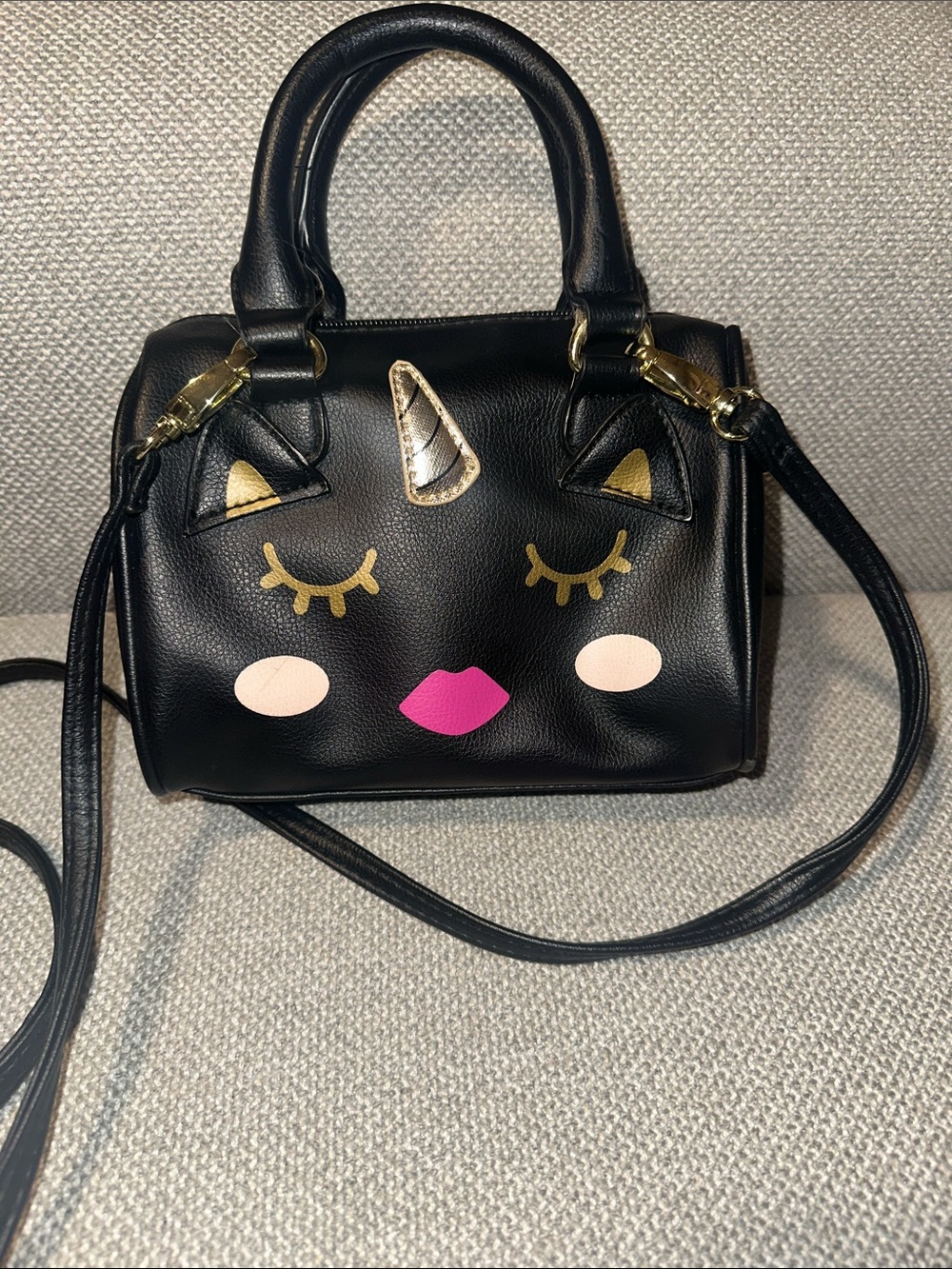 Betsey Johnson Black Unicorn Mini Satchel with Gold & Pink Accents